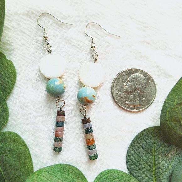 Mother of Pearl & Jasper Earrings – Coastal Boho Dangle Earrings, Handmade - Picture 2 of 10